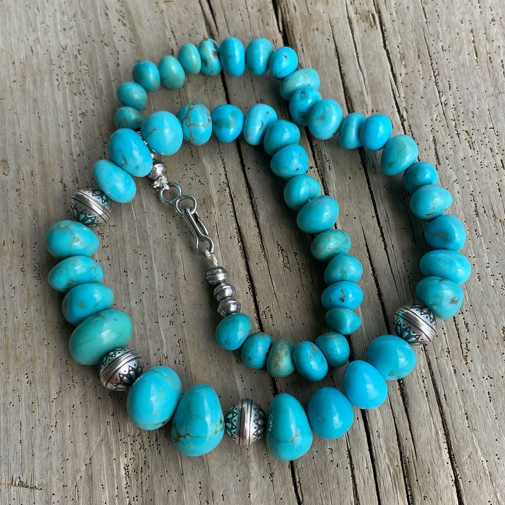 Genuine Blue Turquoise Pebble Bead Graduated Strand Necklace with Sterling Silver Accents 17 Inches
