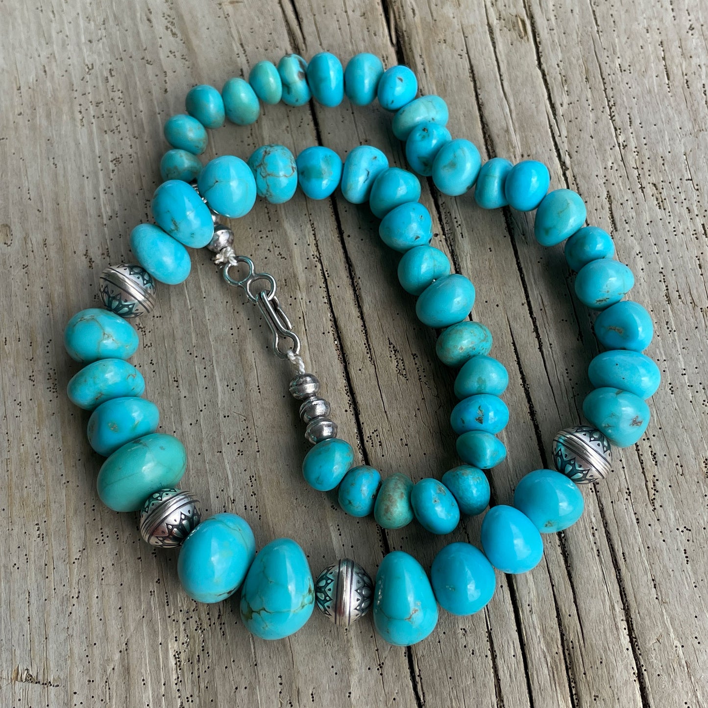 Genuine Blue Turquoise Pebble Bead Graduated Strand Necklace with Sterling Silver Accents 17 Inches