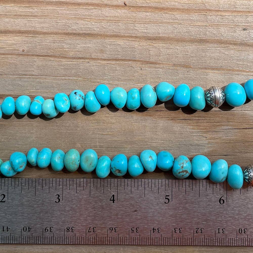
                      
                        Genuine Blue Turquoise Pebble Bead Graduated Strand Necklace with Sterling Silver Accents 17 Inches
                      
                    
