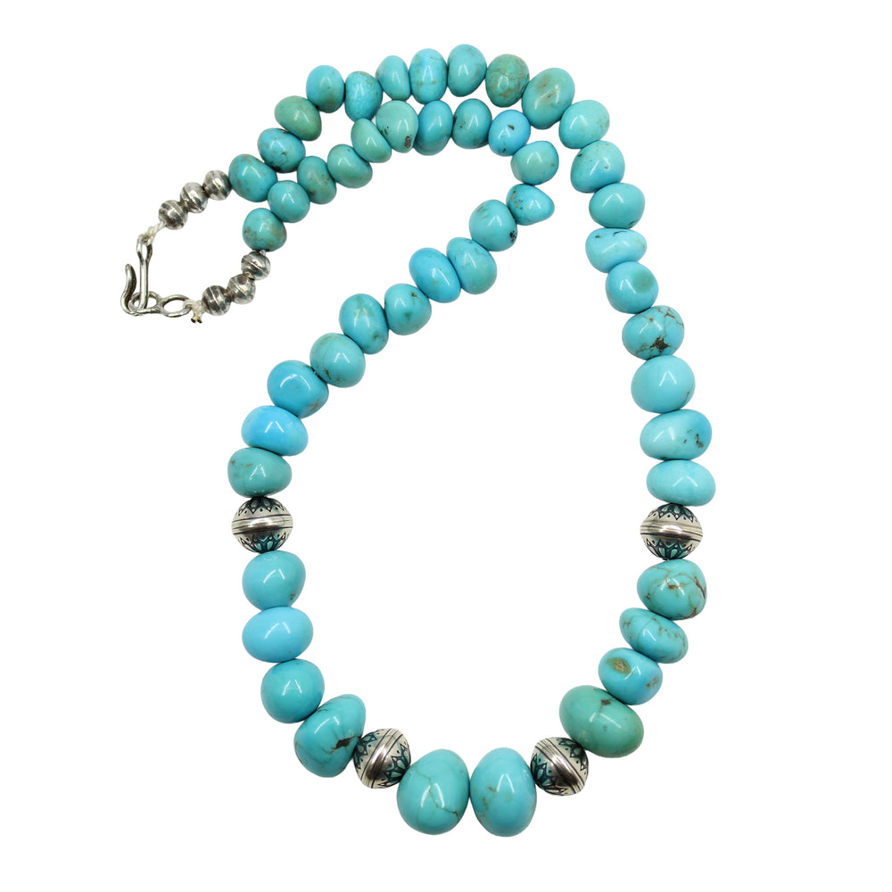 Genuine Blue Turquoise Pebble Bead Graduated Strand Necklace with Sterling Silver Accents 17 Inches