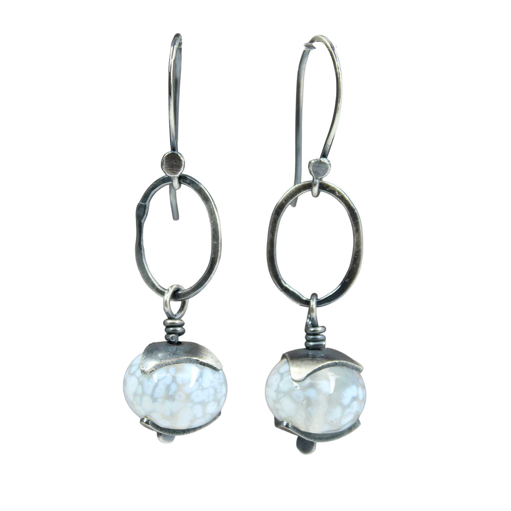 White Lampwork Glass Bead Hoop Earrings Sterling Silver