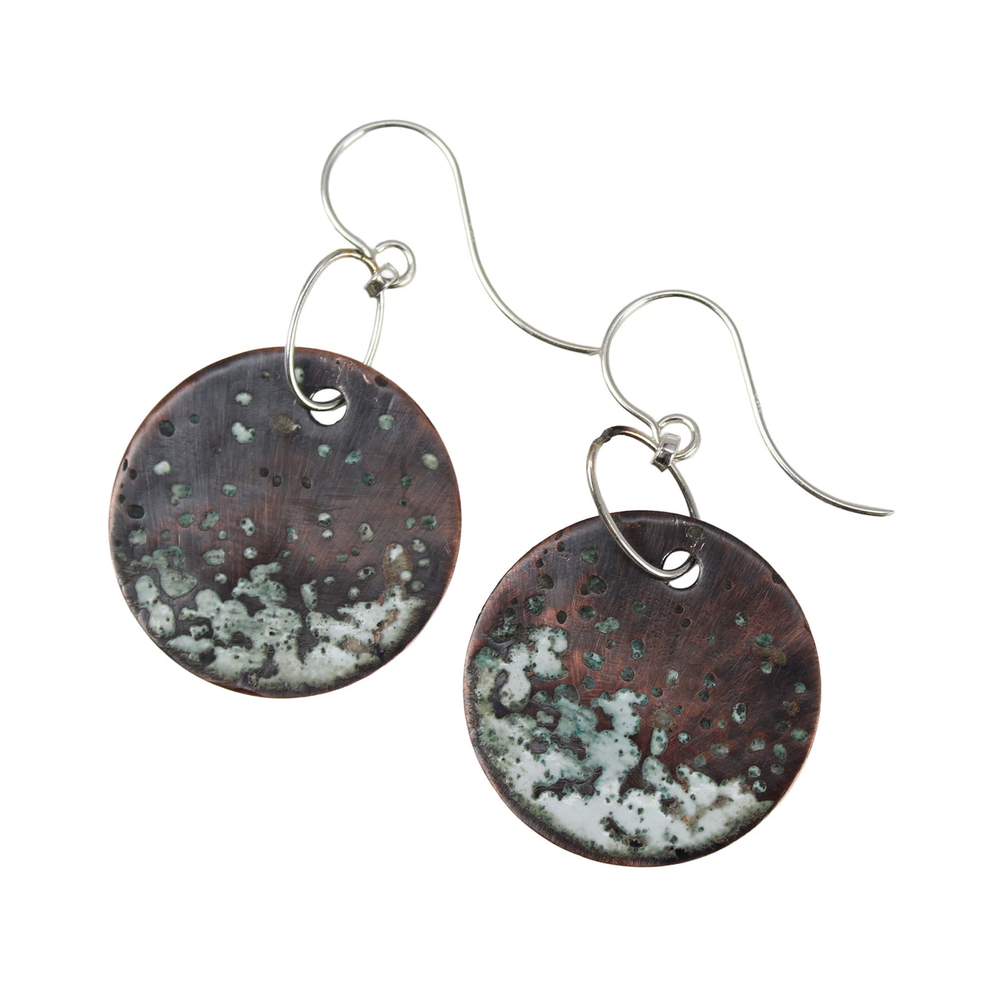 Handmade white enamel copper disk earrings with dark patina on sterling silver chain.
