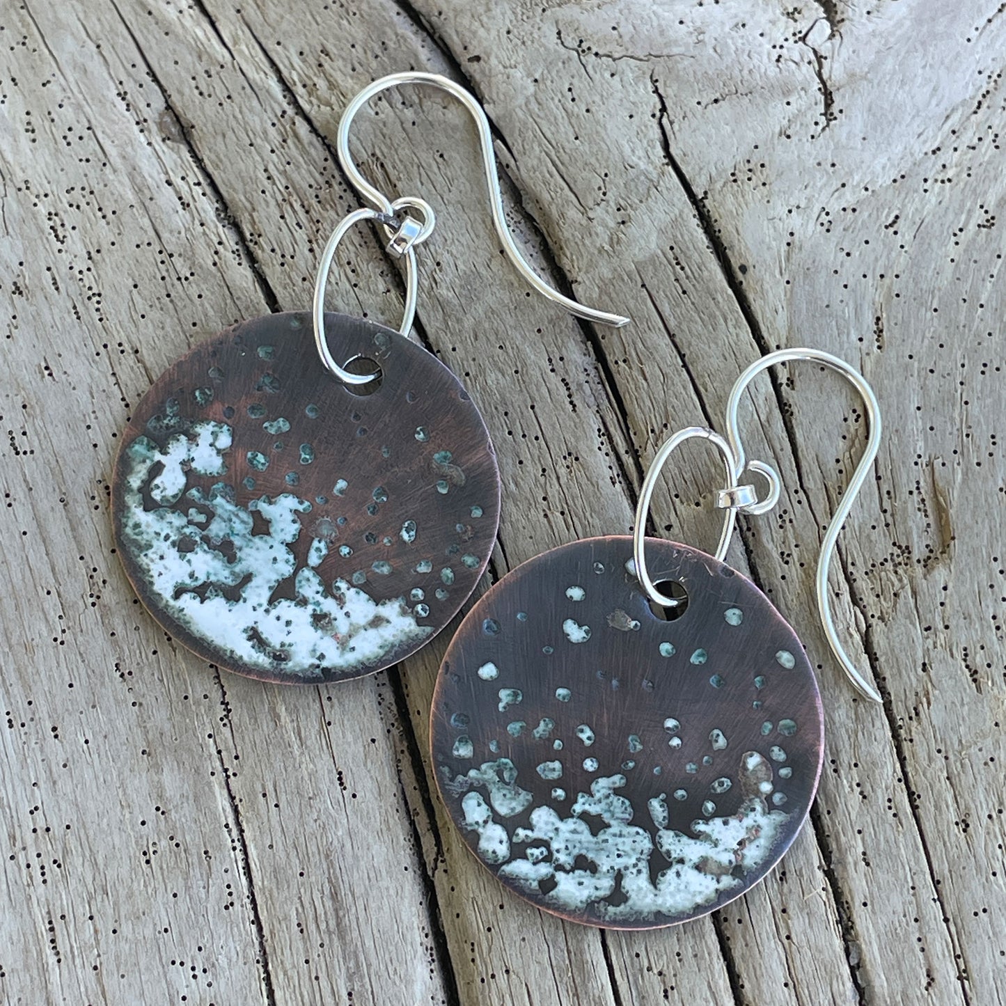 Copper earrings with white enamel details