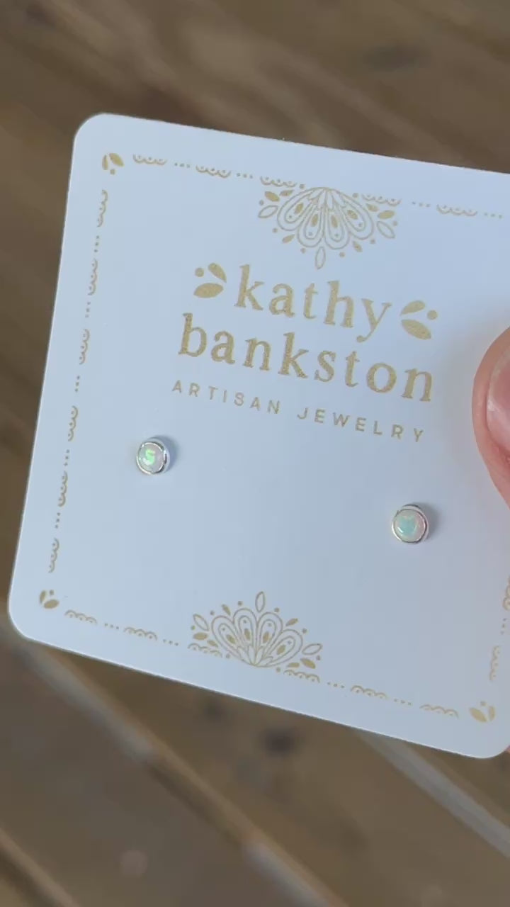 Minimalist opal stud earrings in sterling silver and yellow gold fill
