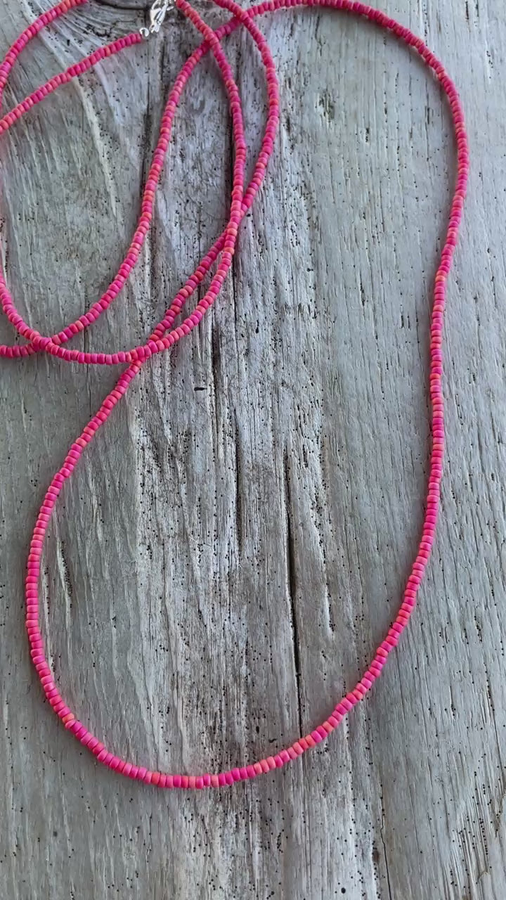 Coral Rainbow Seed Bead Necklace, Thin 1.5mm Single Strand Beaded Necklace