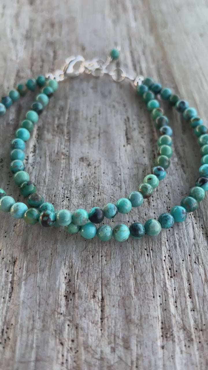Double Strand Genuine Turquoise Bracelet in Sterling Silver