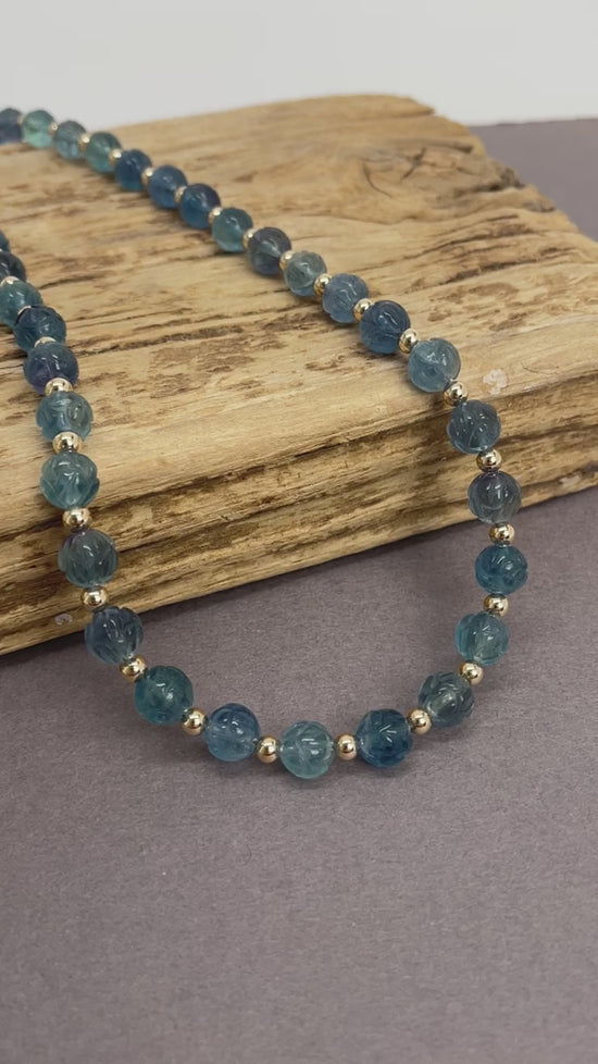 Load and play video in Gallery viewer, Hand Carved Fluorite and Gold Bead Necklace
