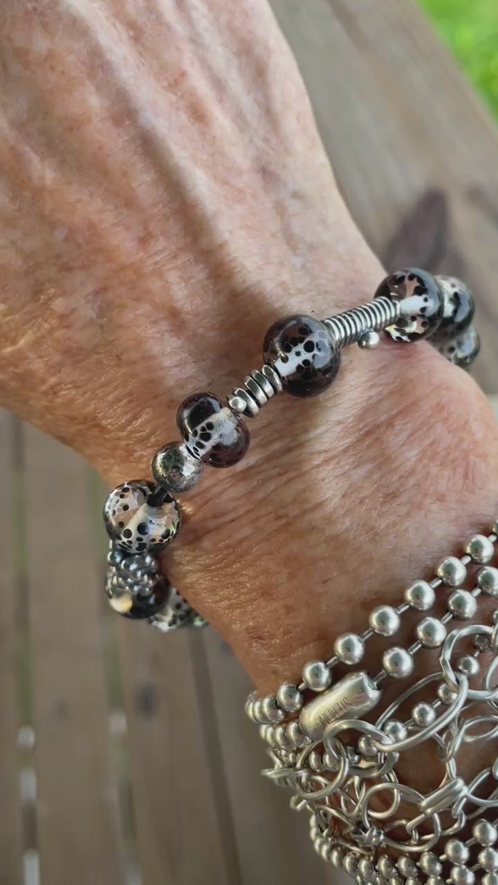 Handmade Black Lampwork Glass Bracelet with Sterling Silver & Leather