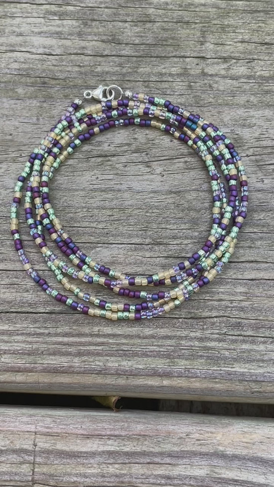 Multi Color Purple Green Gold Seed Bead Necklace