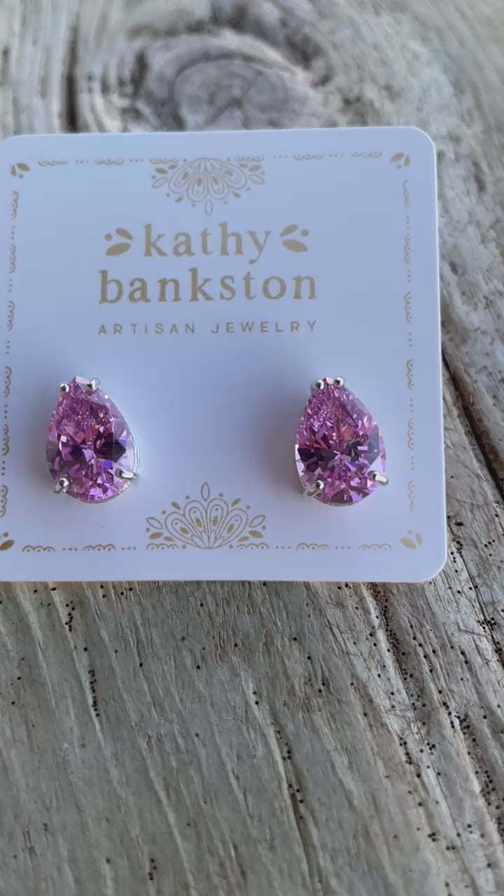 Pear Shaped CZ Stud Earrings in Sterling Silver in Pink or Amethyst Purple