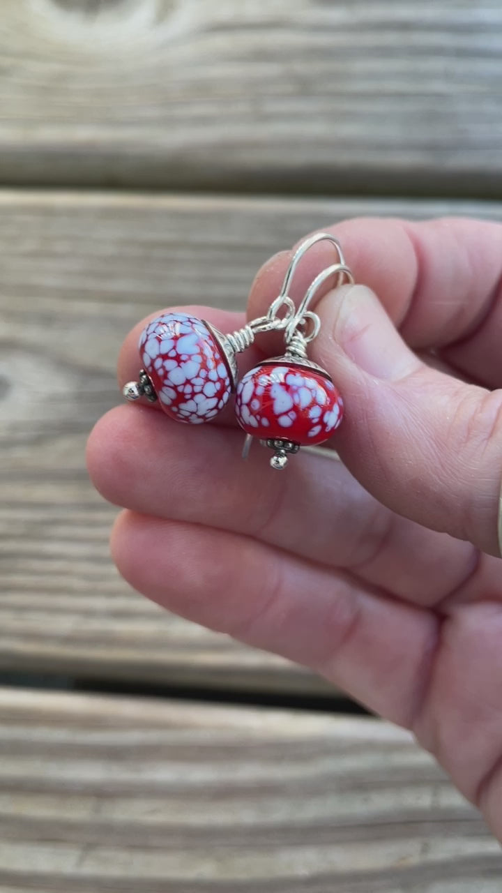 Load and play video in Gallery viewer, Red and White Lampwork Bead Earrings
