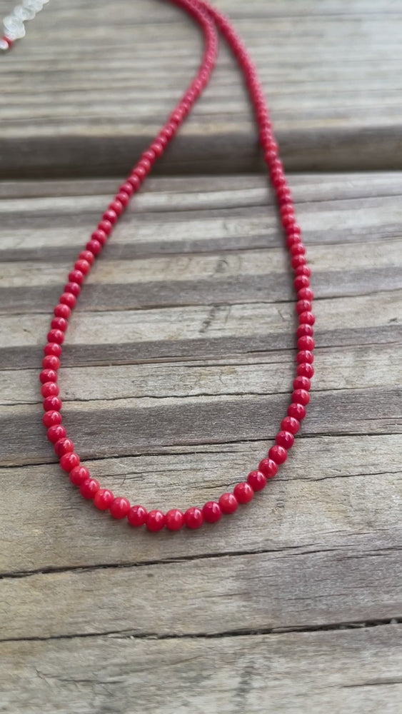 
                      
                        Load and play video in Gallery viewer, Red Coral Choker Necklace, Tiny 2mm Bright Red Gemstone Necklace
                      
                    