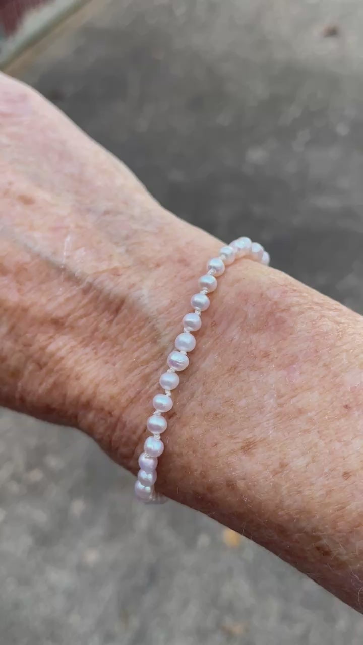 4mm Freshwater Pearl Bracelet, Hand Knotted White Pearls, 7 Inch