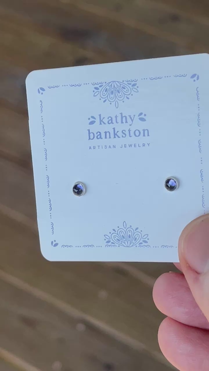 Iolite Stud Earrings, Tiny 3mm Blue Studs in Sterling Silver