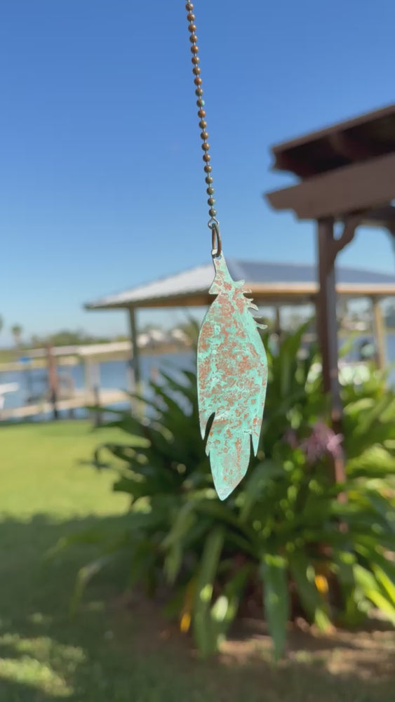 
                      
                        Load and play video in Gallery viewer, Small Copper Feather Wind Spinner Mobile Hanging Decor, 14 Inches Long
                      
                    