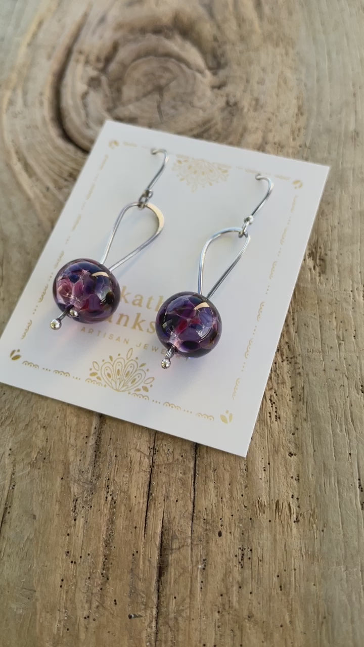 Purple Lampwork Bead Dangle Earrings in Sterling Silver