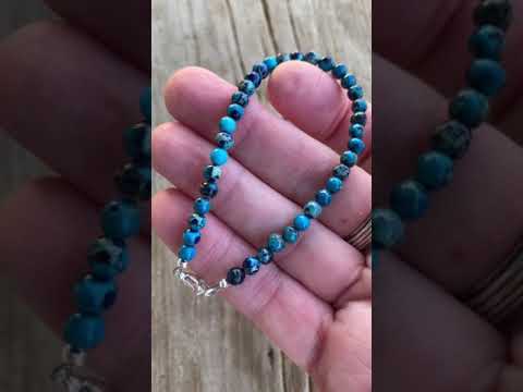 
                      
                        Load and play video in Gallery viewer, Blue Jasper Bracelet, Small 4mm Multi Color Blue Stone Bracelet with Clasp
                      
                    