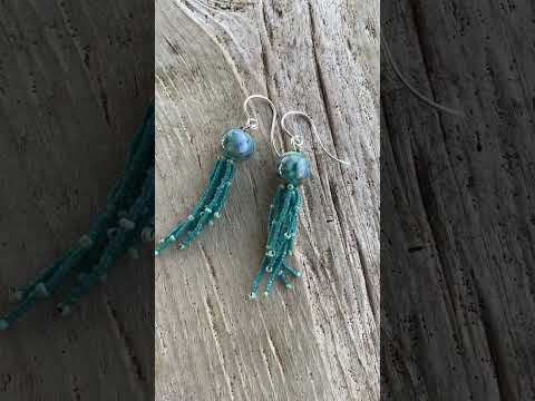 Teal Lampwork Glass Bead and Seed Bead Fringe Earrings