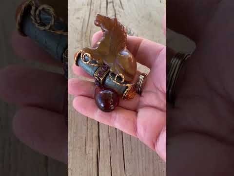 Vintage Iradj Moini Carved Stone Horse Brooch with Amber Dangle