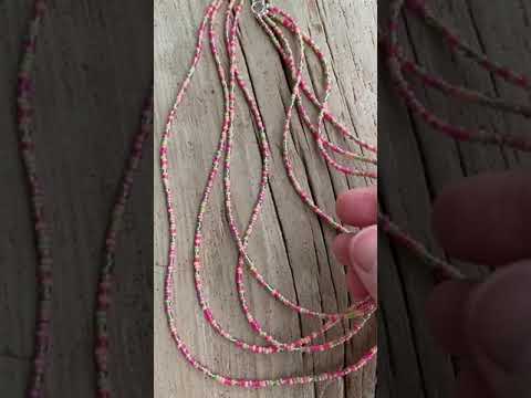 
                      
                        Load and play video in Gallery viewer, Multi Strand Pink and Green Seed Bead Necklace
                      
                    