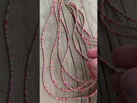 Multi Strand Pink and Green Seed Bead Necklace