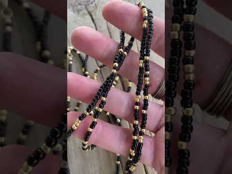 Black and Gold Seed Bead Necklace, Thin 2mm Single Strand