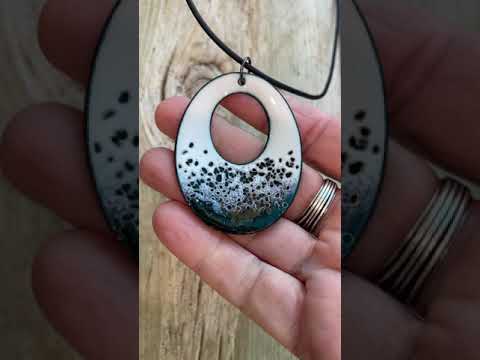 
                      
                        Load and play video in Gallery viewer, Black and White Oval Enamel Pendant Necklace- Handmade Contemporary Glass Jewelry for Statement Style
                      
                    