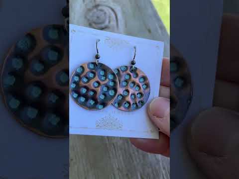 Round Textured Copper Blue Disk Earrings with Sterling Silver Ear Wires