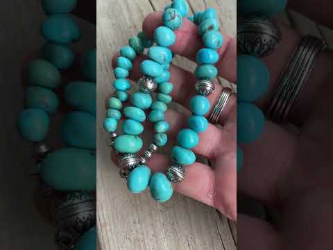 Genuine Blue Turquoise Bead Graduated Strand Necklace with Sterling Silver Accents 17 Inches