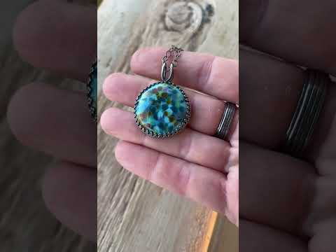 Blue and Teal Lampwork Glass Pendant Necklace in Sterling Silver 18