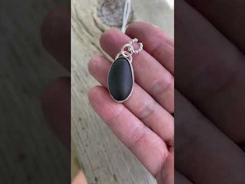 Black Galveston Texas Beach Stone Pendant Necklace in Sterling Silver