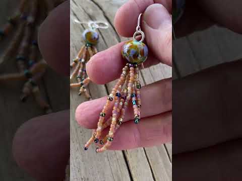 Purple and Gold Bead Fringe Earrings with Handmade Lampwork Glass Beads