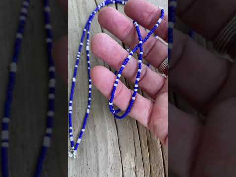 Frosted Navy Blue and White Seed Bead Necklace, Thin 1.5mm Single Strand