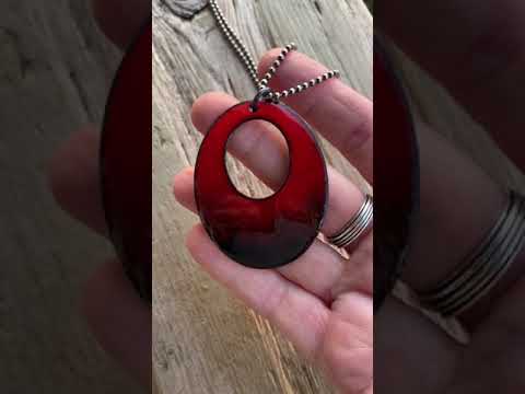 Red and Black Glass Enamel Oval Pendant Necklace