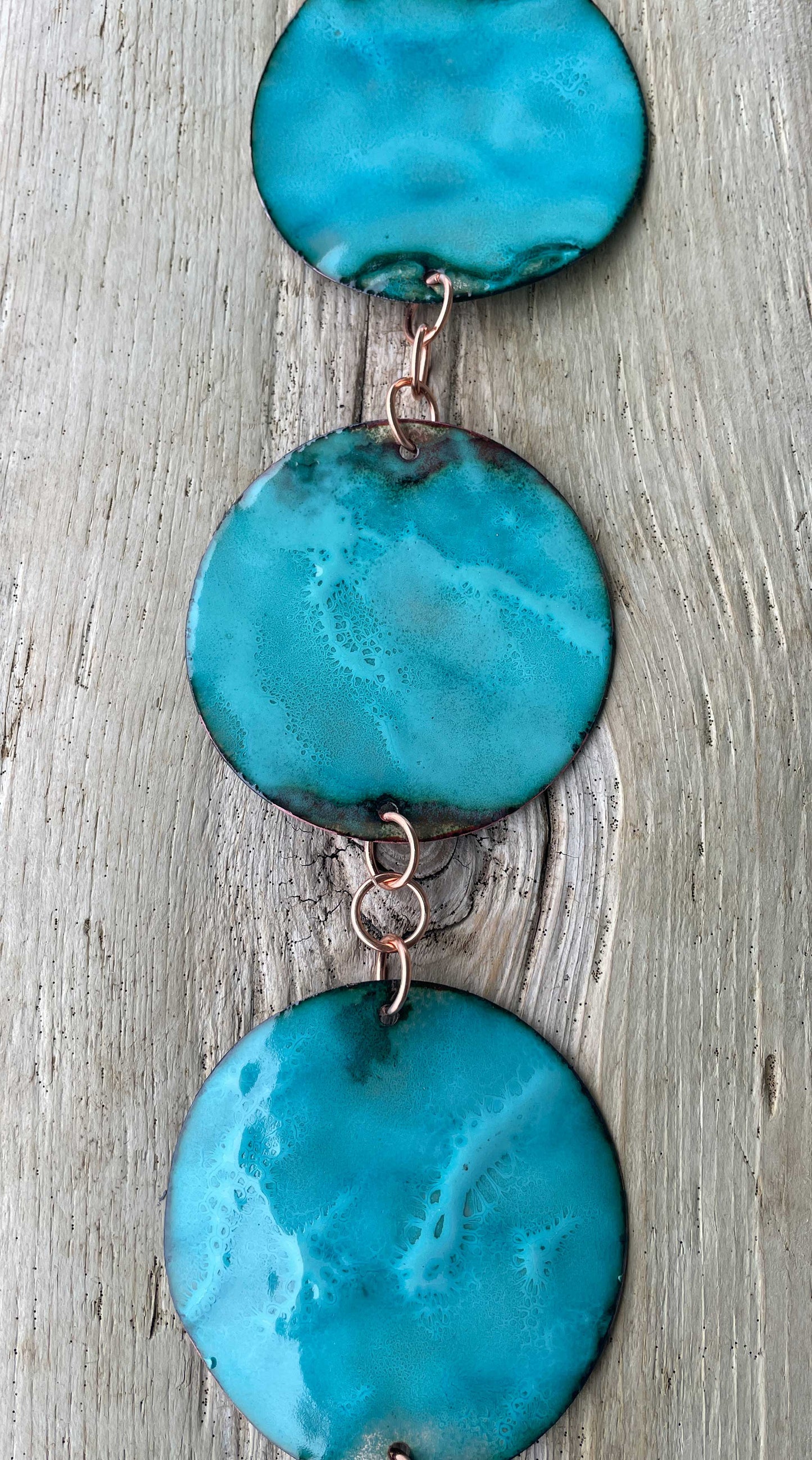 Hanging Copper Wind Spinner Mobile with Teal Glass Enamel