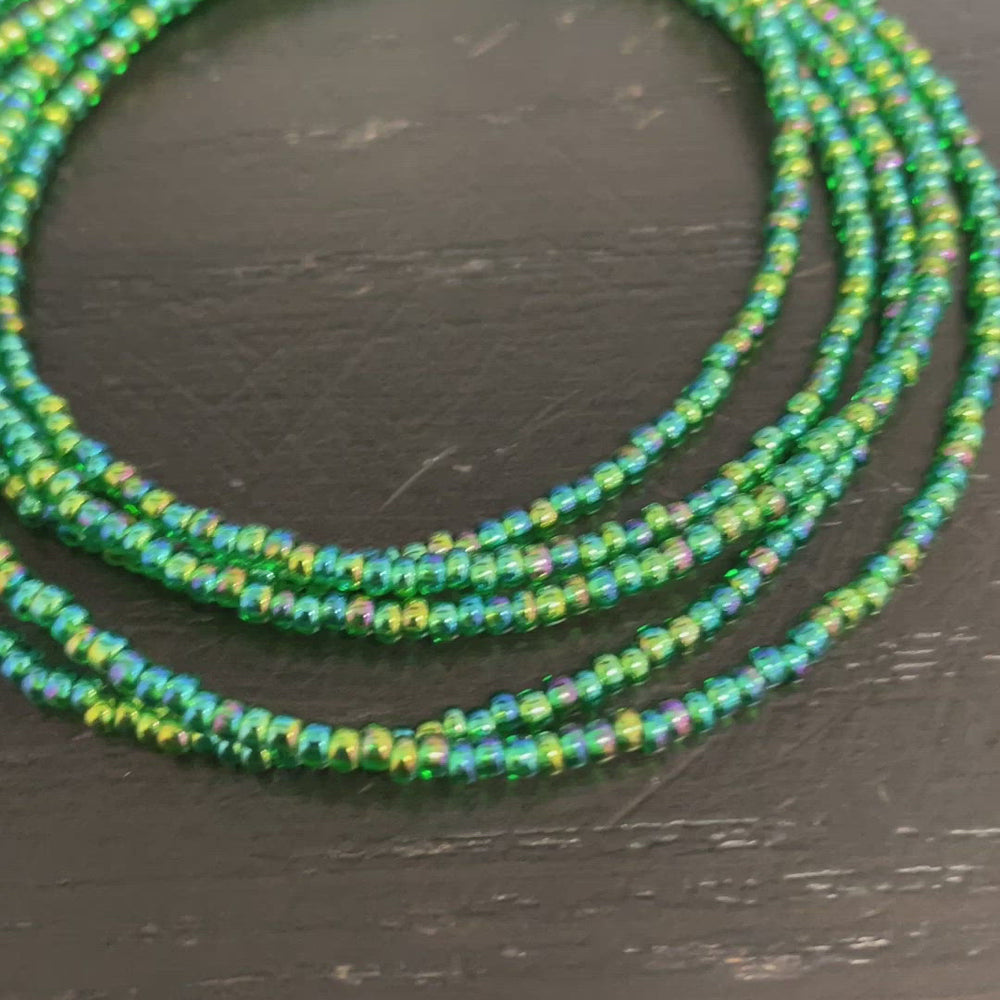 Transparent Rainbow Emerald Green Seed Bead Necklace, Thin 1.5mm Single Strand