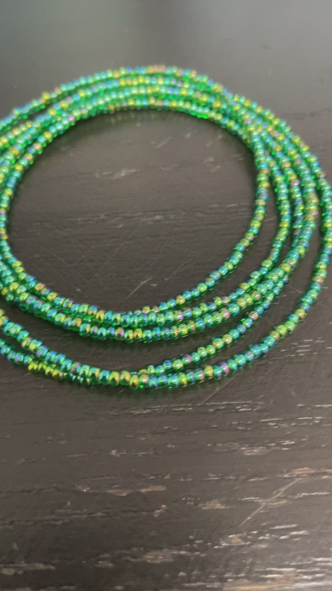 Load and play video in Gallery viewer, Transparent Rainbow Emerald Green Seed Bead Necklace, Thin 1.5mm Single Strand
