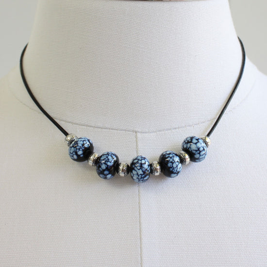 Black and Sterling Silver Bead Necklace-16" L 