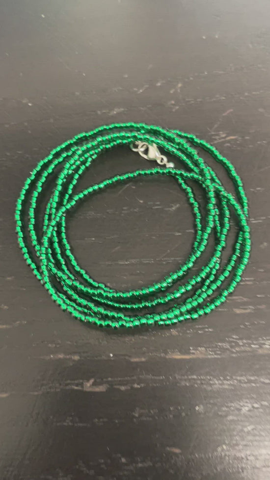 Load and play video in Gallery viewer, Emerald Green Seed Bead Necklace, Thin 1.5mm Single Strand
