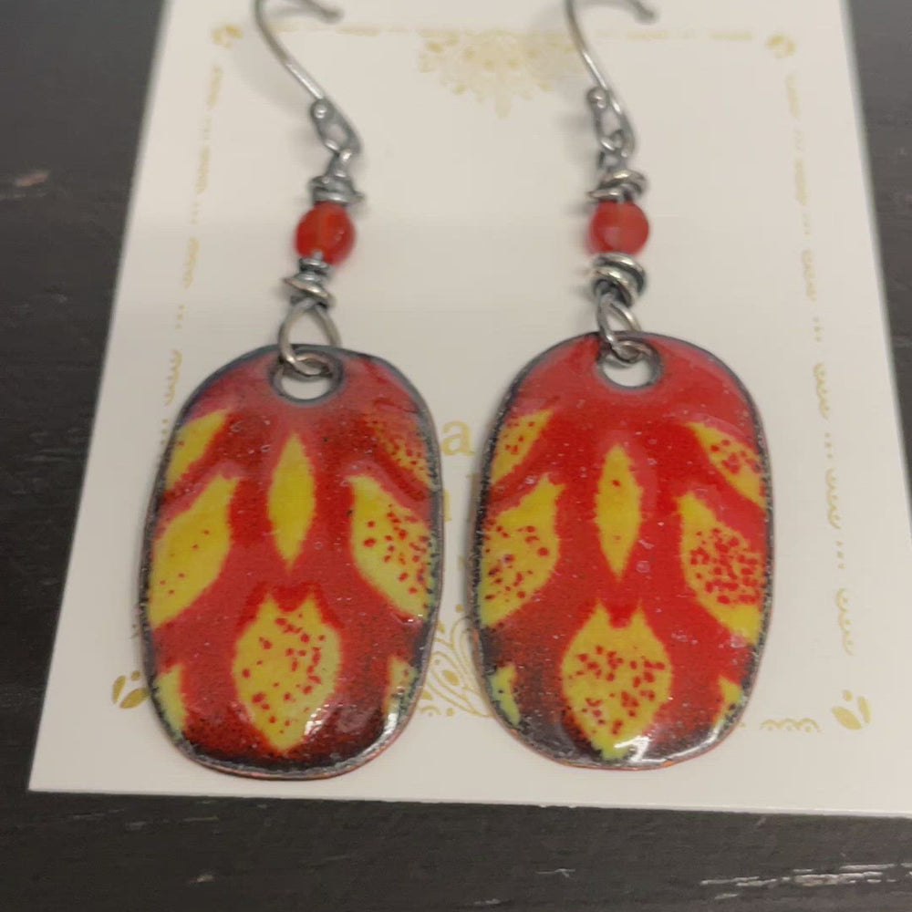 
                      
                        Load and play video in Gallery viewer, Handcrafted Red Enamel Dangle Earrings with Sterling Silver Wires - Artisan Glass Jewelry
                      
                    