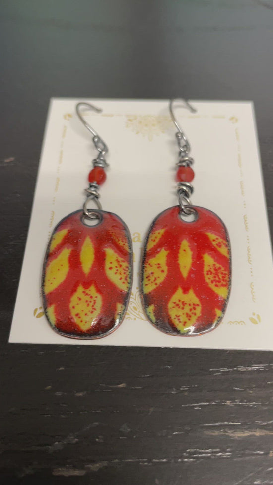 Load and play video in Gallery viewer, Red Enamel Dangle Earrings with Sterling Silver Ear Wires
