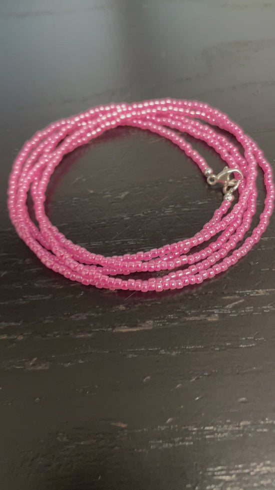 Load and play video in Gallery viewer, Hot Pink Seed Bead Necklace, Thin 1.5mm Single Strand Beaded Necklace
