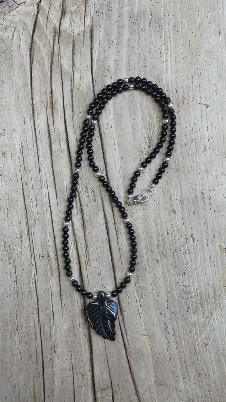 Black Onyx Necklace with Hand Carved Onyx Leaf