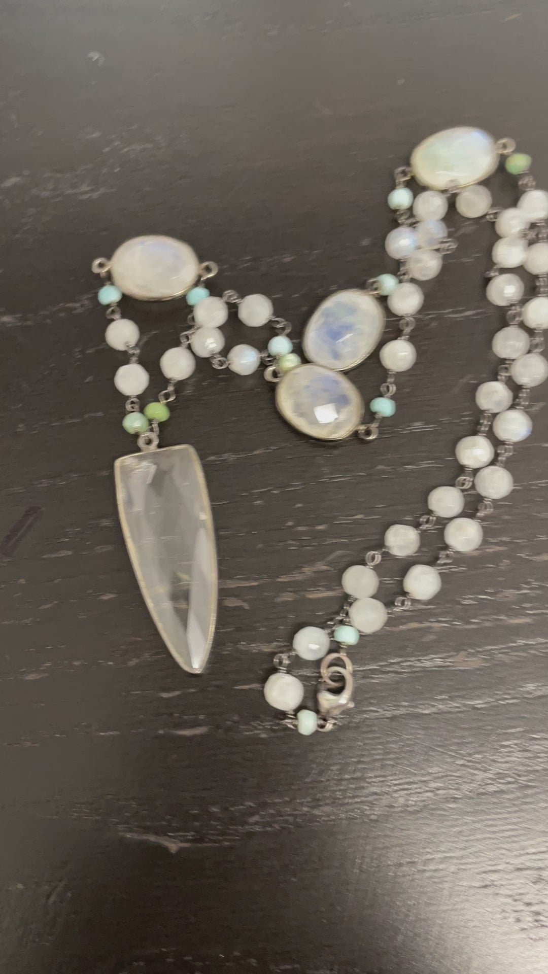Load and play video in Gallery viewer, Rainbow Moonstone Necklace with Crystal Quartz Pendant
