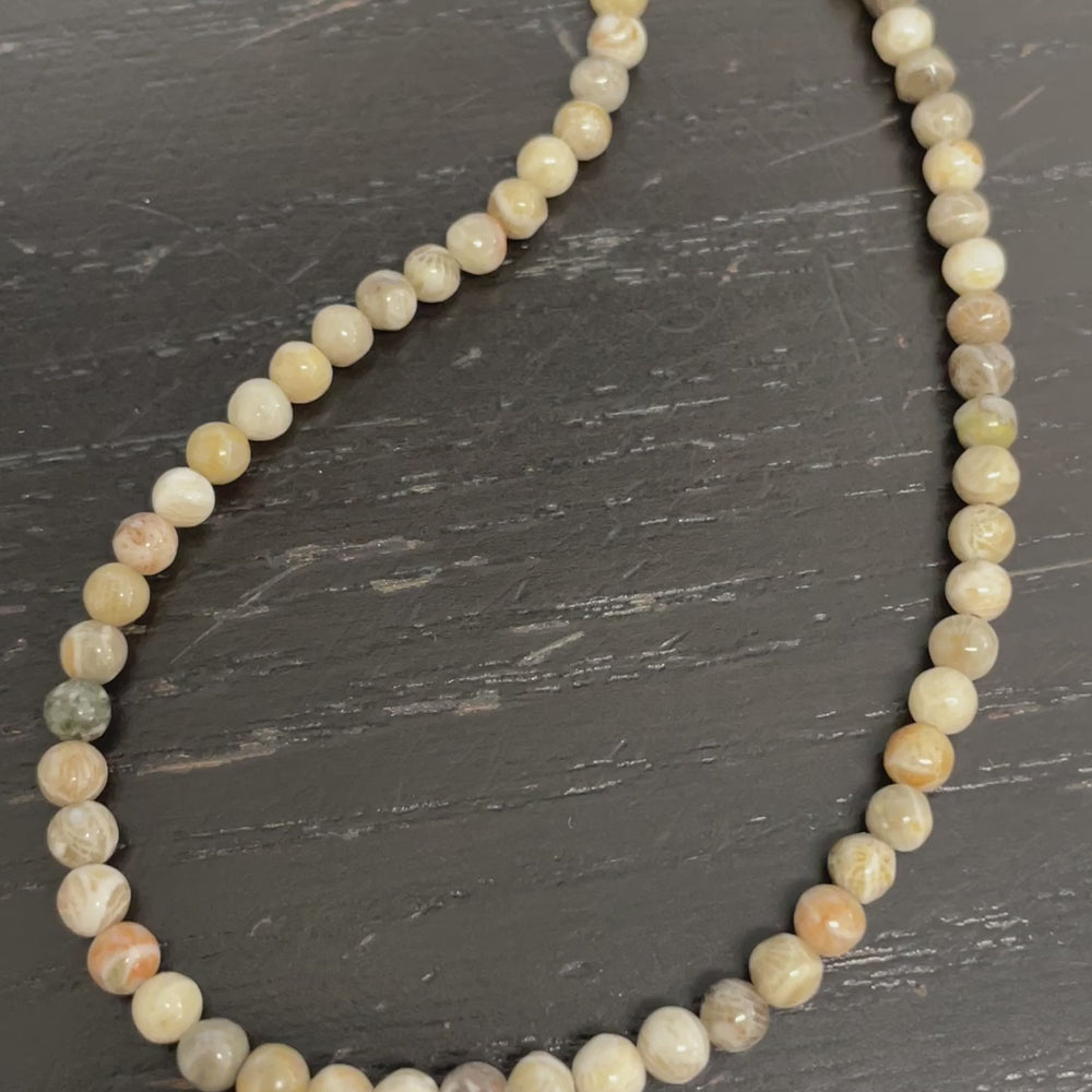 Petoskey Coral Bead Necklace Strand, Small 4mm Brown Stone Beaded Necklace
