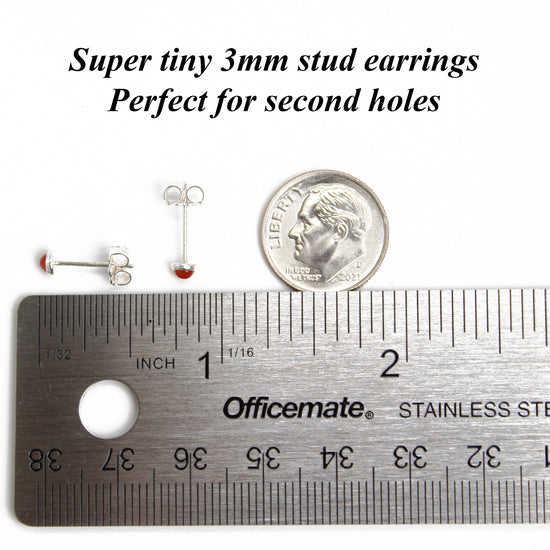 Red Carnelian Stud Earrings in Sterling Silver, Tiny 3mm