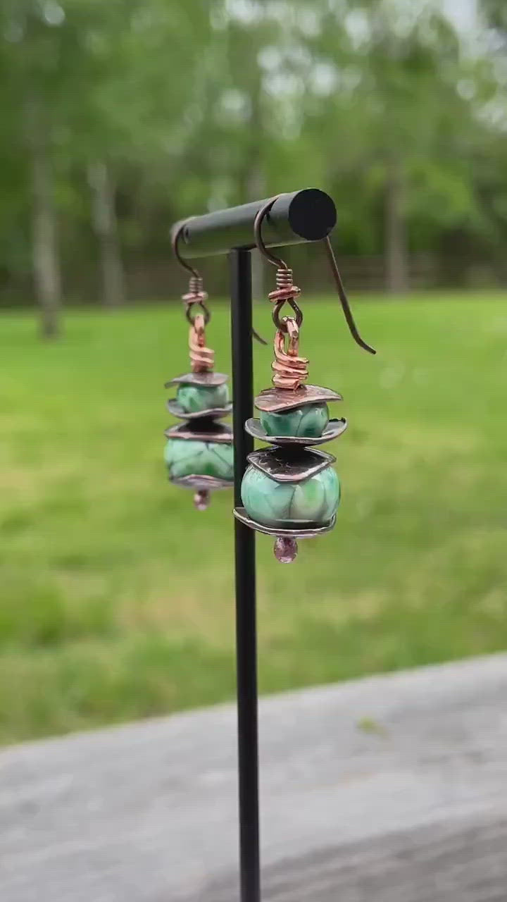 Load and play video in Gallery viewer, Turquoise Green Lampwork Bead Dangle Earrings
