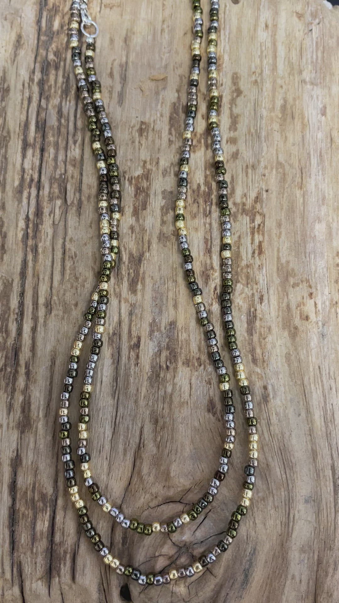 Load and play video in Gallery viewer, Gold Silver Bronze Multi Color Seed Bead Necklace, Thin 2mm Single Strand
