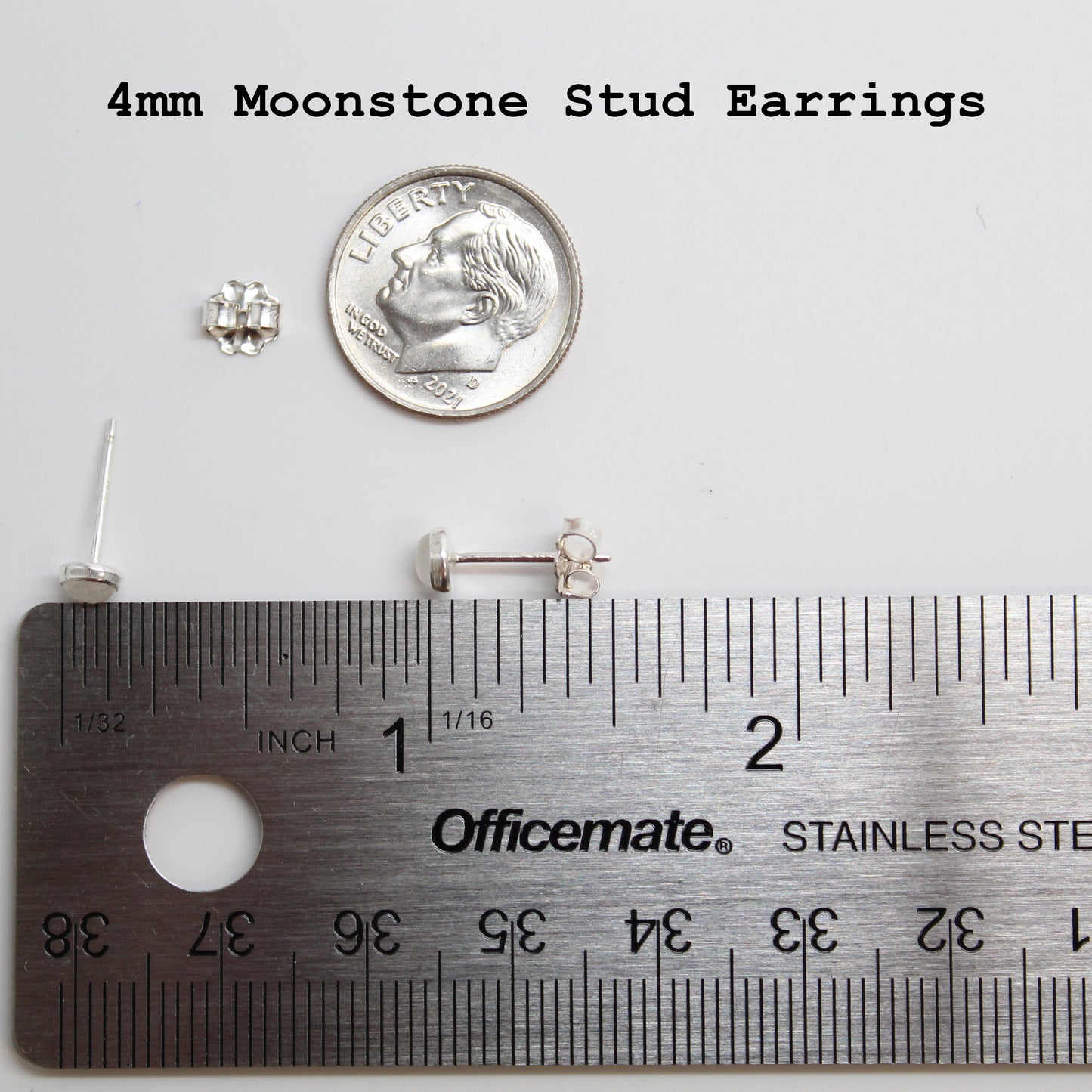 Moonstone Stud Earrings in Sterling Silver-Small 4mm Studs