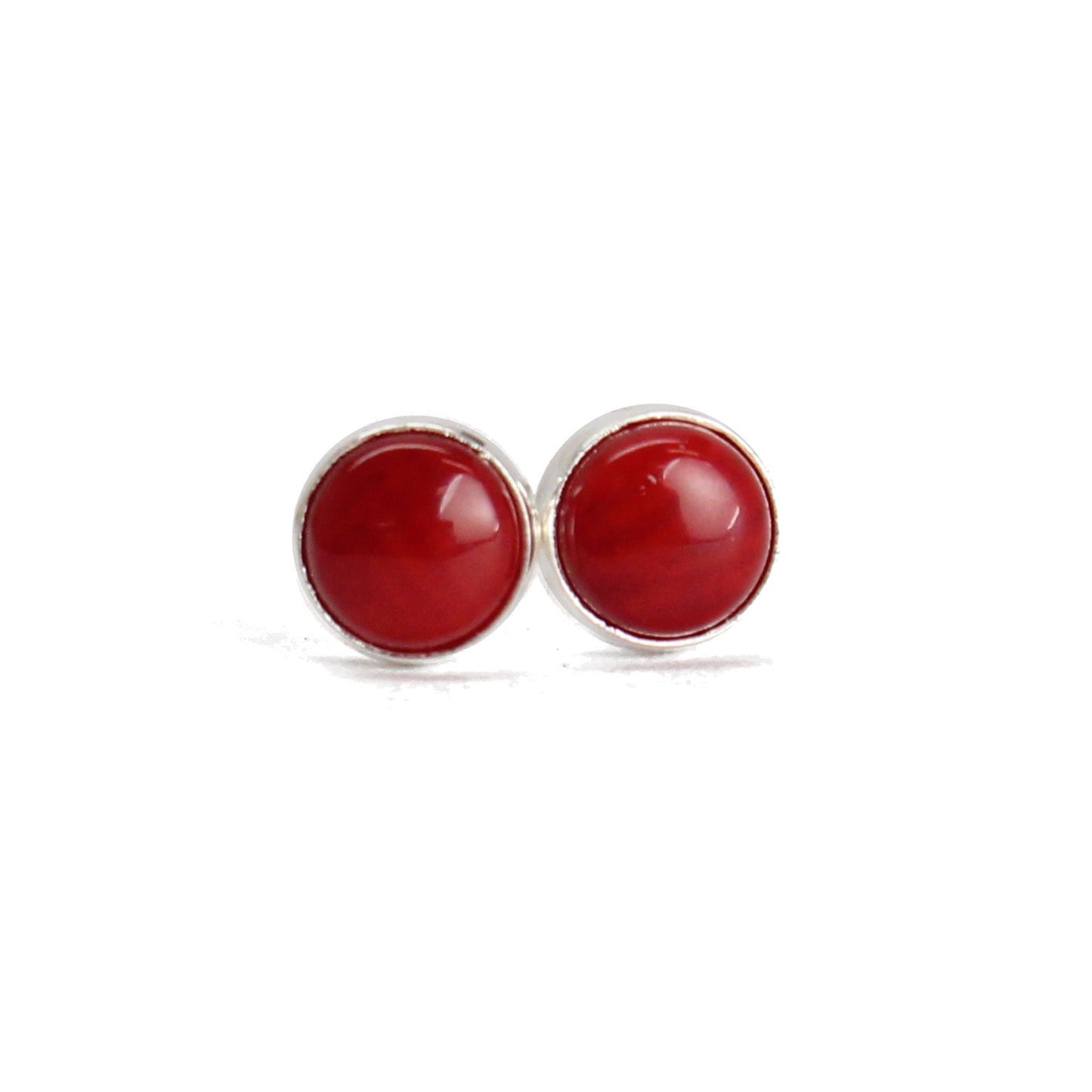 4mm Red Bamboo Coral Stud Earrings in Sterling Silver or Gold Fill, 